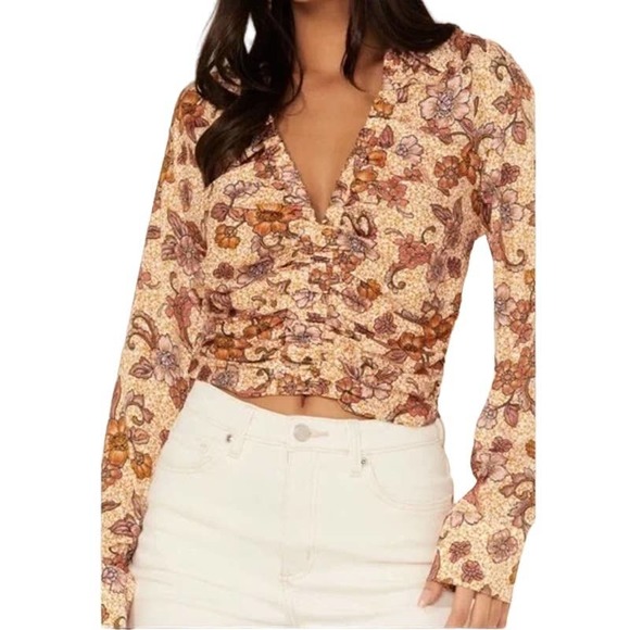 NWT FREE PEOPLE $98 - I Got You Smocked - Cropped Floral Long Sleeve Size L - Picture 1 of 11